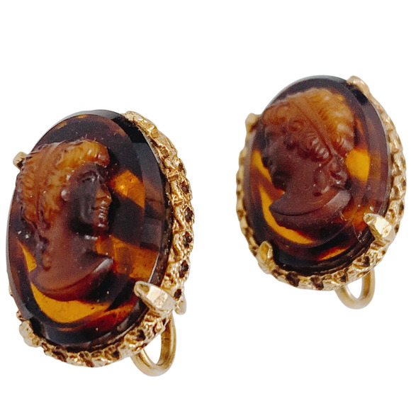 Vintage Signed Lisner Clip-On Earrings 14k Gold-Plated Cameo Faux Tortoiseshell - Picture 3 of 10